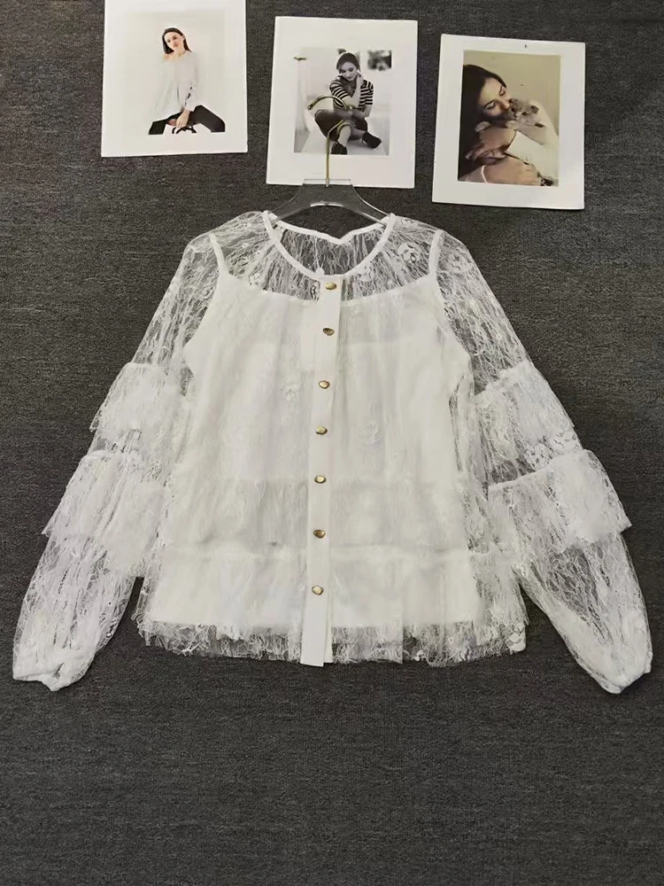 Designer single-breasted gold button lace hollow ruffle shirt 2026 summer women's fashion fashion versatile sexy see-through top