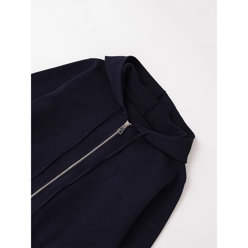YENKYE New Women Navy Blue Knit Hooded Cardigan Front Zipper Long Sleeve Casual Autumn Outerwear