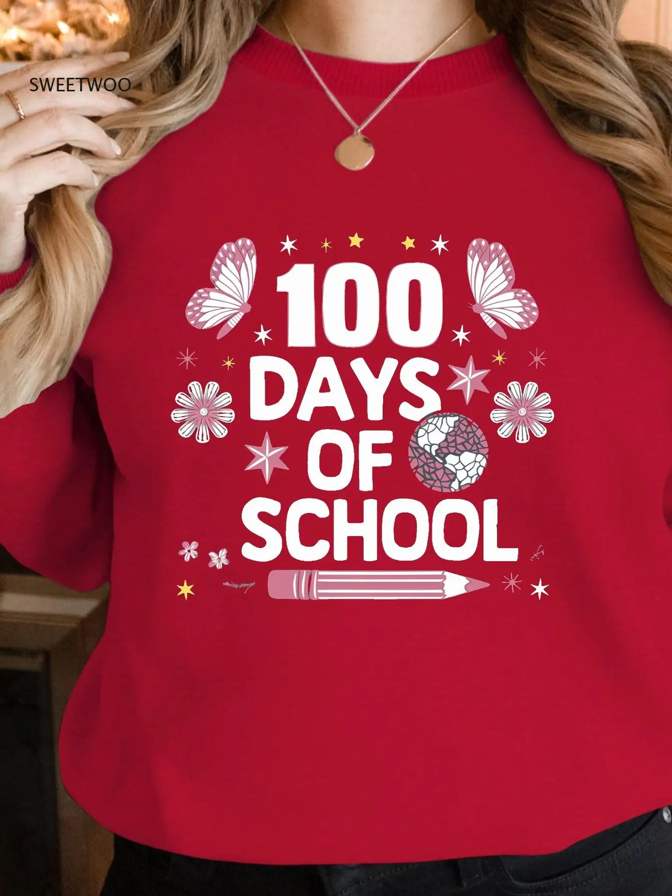 

1Pc Women's Casual Crew Neck Polyester Sweatshirt with Geometric Butterfly & Pencil Print, Knit Fabric, Fall/winter Fashion Top