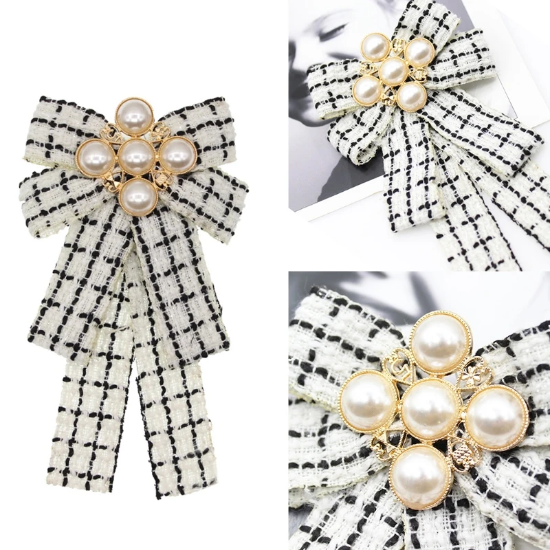 

Women Vintage Elegant Plaid Striped Print Pre-Tied Neck Tie Brooch Imitation Pearl Jewelry Ribbon Bow Tie Corsage for Shirt Coll