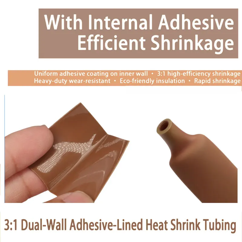 3:1 Brown Adhesive Heat Shrink Tubing Dual Wall - 3X Shrink, Waterproof, Eco-Friendly Thick Wall for Wire Sealing (Φ1.6-39mm)
