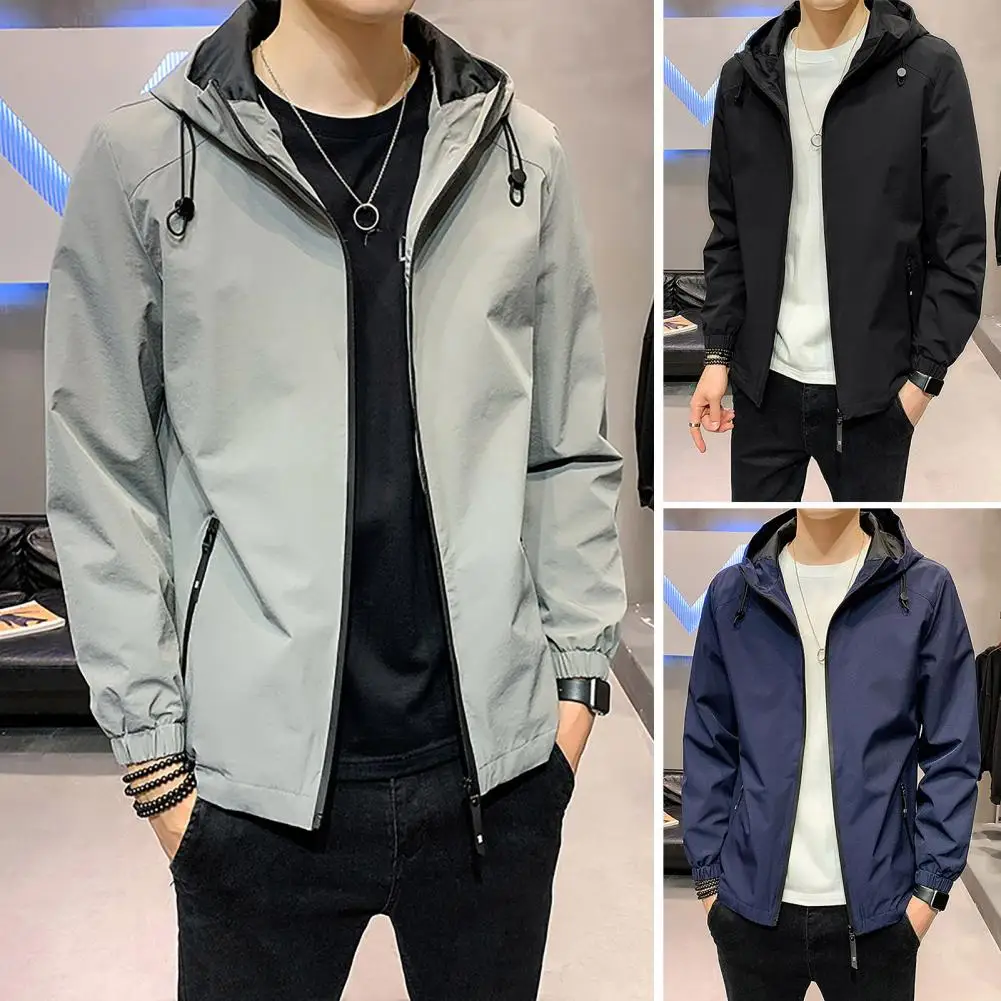 Weather Men Coat Versatile Men's Mid Length Jacket with Hood Zipper Pockets Elastic Cuff Stylish Spring/fall Coat for men