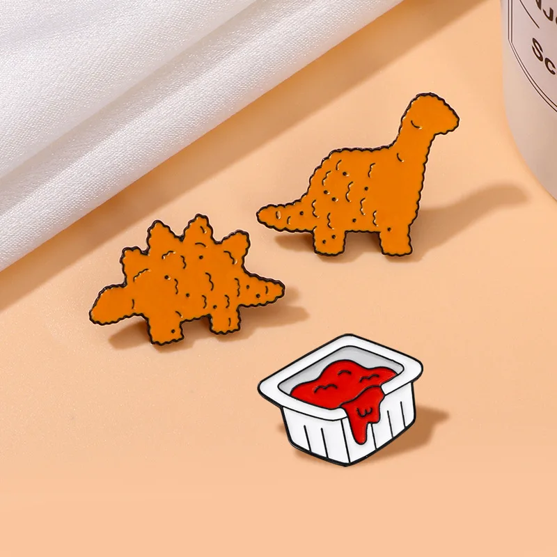 Cute Cartoon Dinosaur Biscuits Tomato Ketchup Enamel Brooch Brontosaurus Stegosaur Lapel Pin Badge Backpack Clothing Accessories