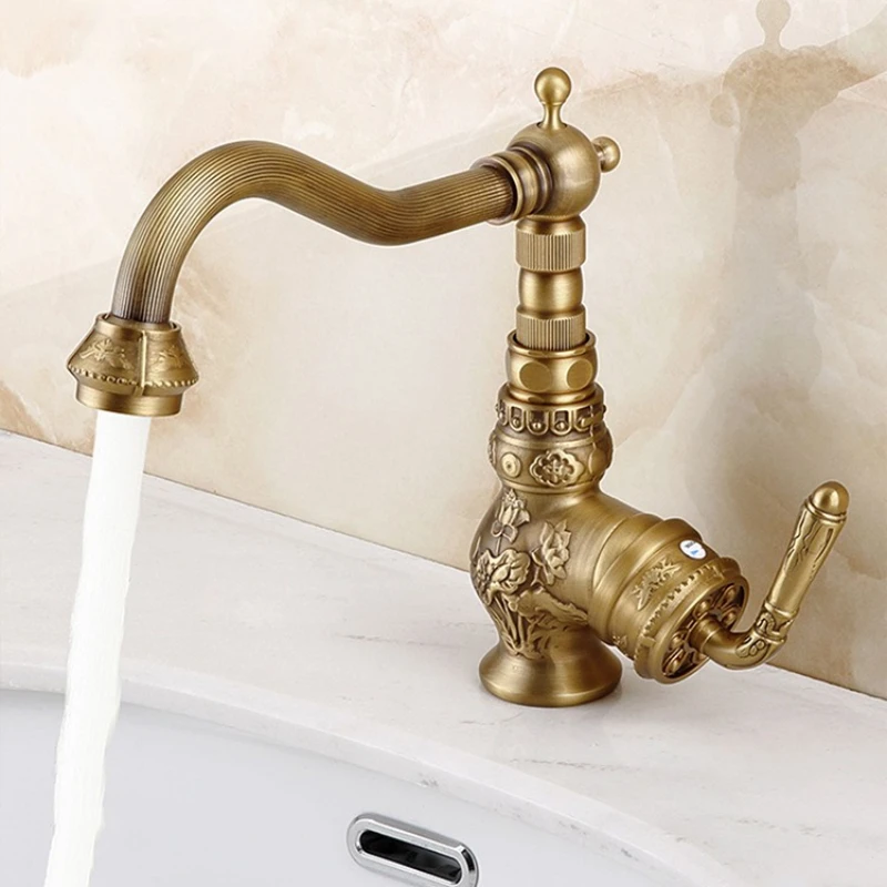 

Antique Bronze Luxury Copper Deck Mount Sink Mixer Tap for Bathroom Basin, Hot/Cold Water Vintage Style Carving Design