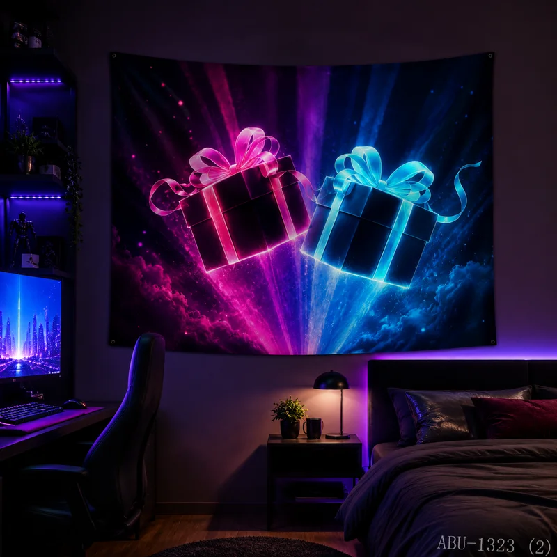 VIKAMA Neon Purple Blue Gift Stack Meteor Rain Water Reflection Present Christmas Tapestry Bedroom Living Room Dorm Home Decor