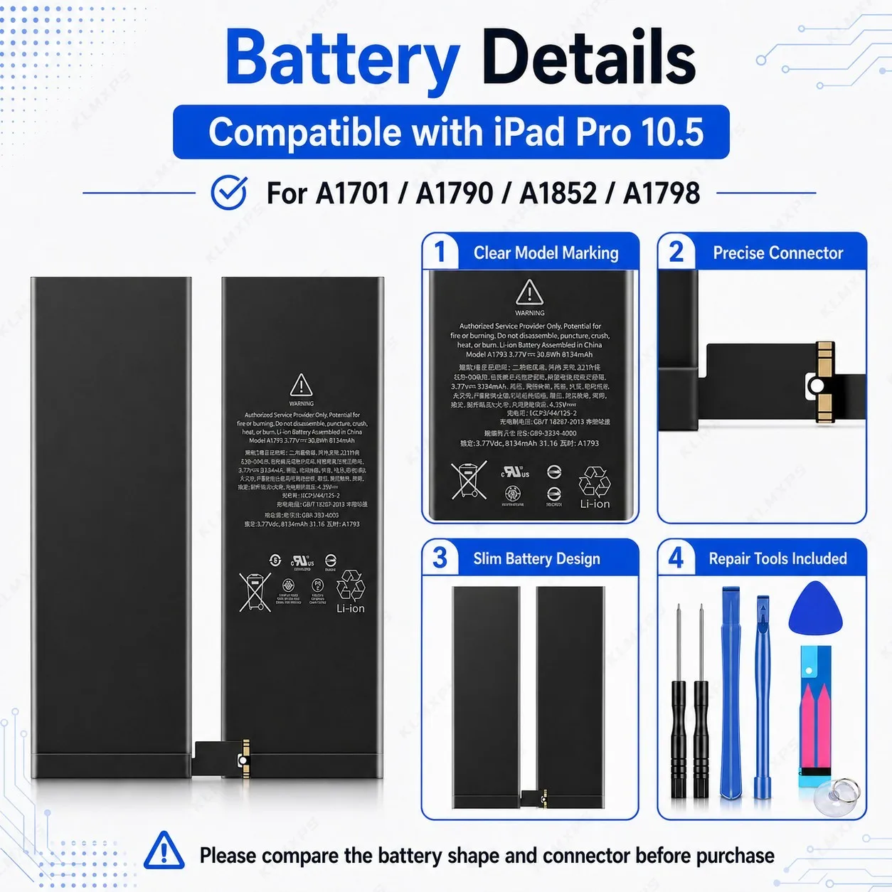 Battery 8134mAh for IPad Pro 10.5 Inch A1701 A1790 A1798 A1852 Replacement Tablet Battery High Capacity Li-polymer