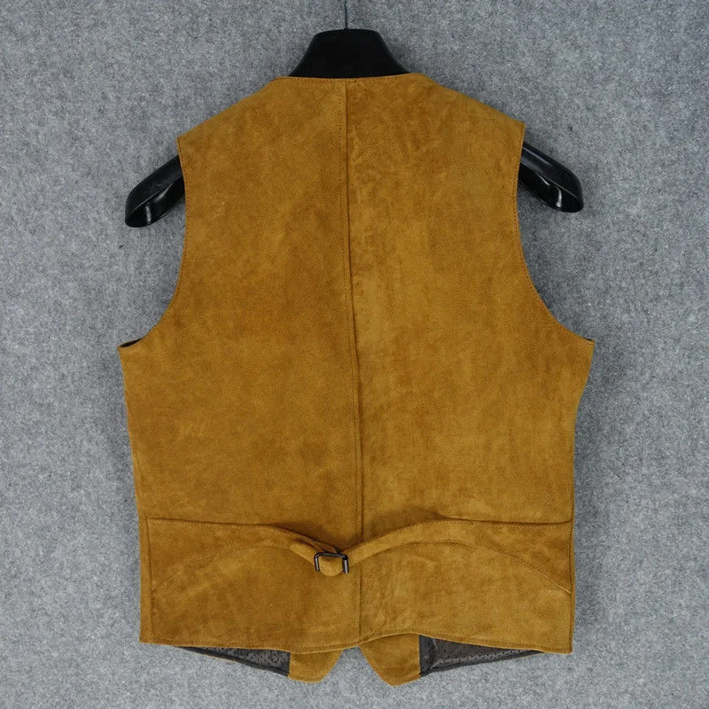 leather 100% genuine fur coat men jacketImported nubuck men's vest simple slim multi pocket tobacco color