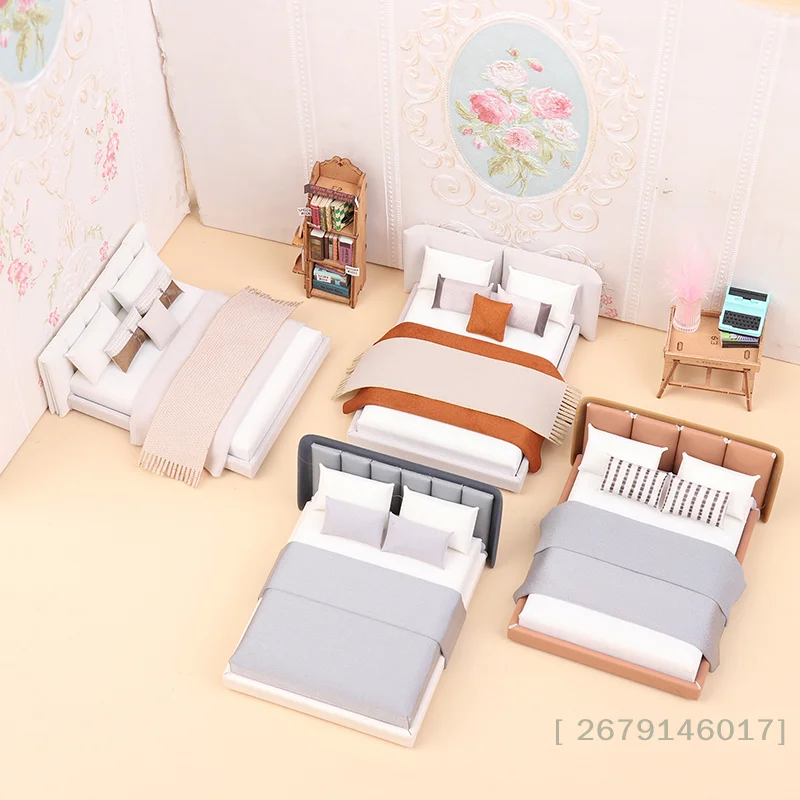 

【YY26】Dollhouse New Cream Style Double Bed Model Micro Scene Model Miniature Furniture Dolls Accessory Simulated Furniture