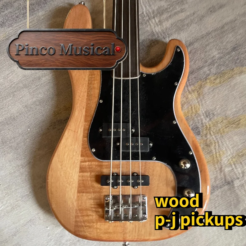 1960 Flame Natural PJ Bass Electric Guitar, P+J Combined Pickups, 4 String Gloss Natural Bass, Funk Rock Band Bass Guitar