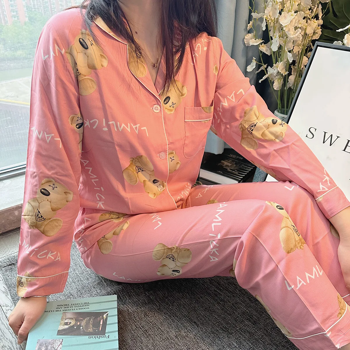 Spring Night Wear for Girls New Cute Pink Green Love Honey Bear V-Neck Long-Sleeved Trousers Thin Ladies Pajamas Set