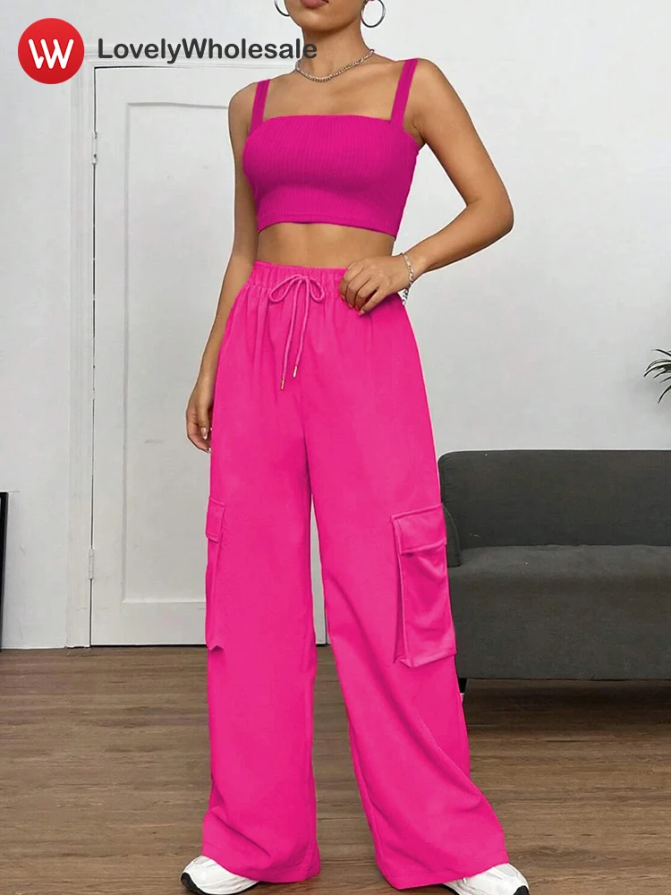 

LW Rose Red Two Piece Pants Set Crop Camisole Square Collar Tops Drawstring Pockets Cargo Trousers 2024 Female Casual Sets