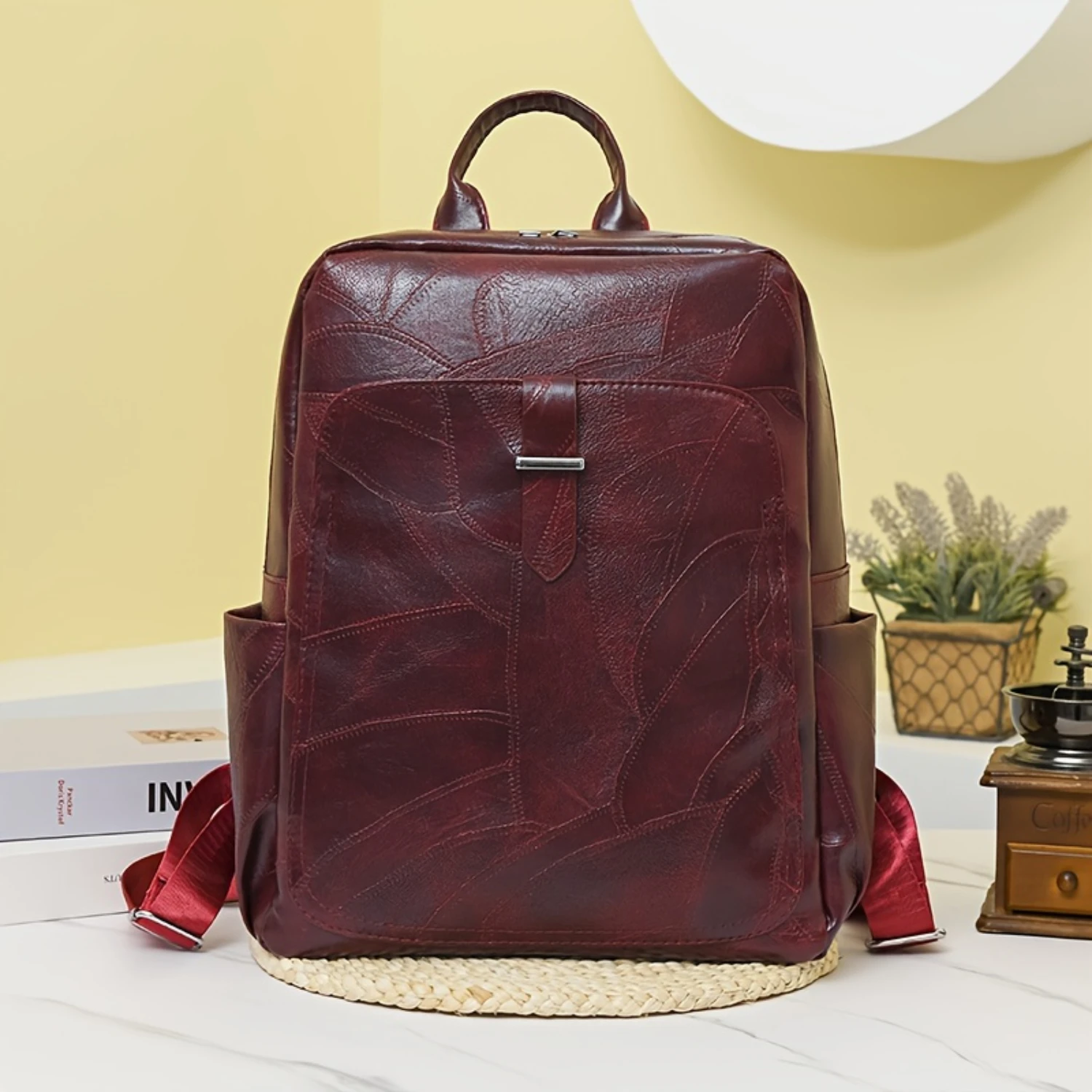 

Retro Solid Color Backpack, Stitching Textured Laptop Daypack, Soft Leather PU Travel Schoolbag