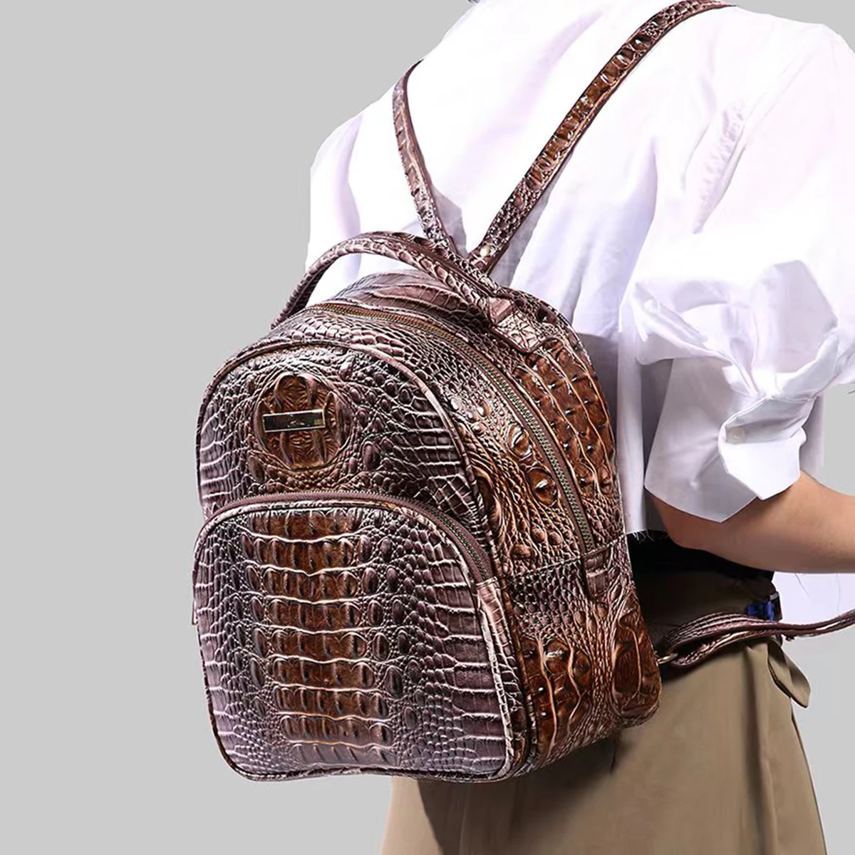 Luxury Crocodile Pattern Backpack Vintage Travel Daypack Classic Preppy School Knapsack