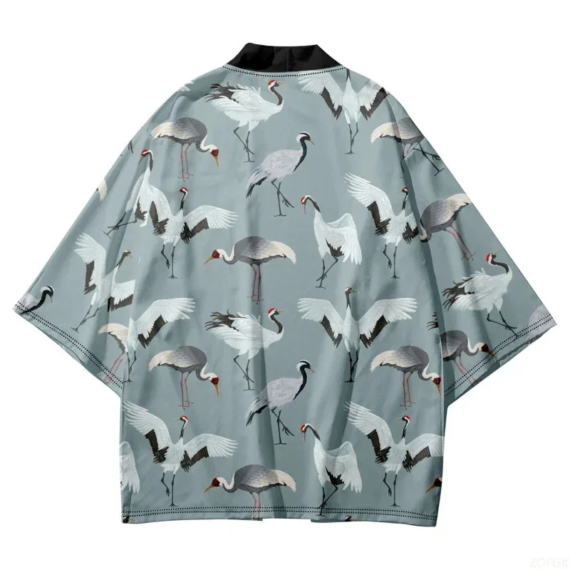 Crane Kimono Robe Women's Printed Haori Cardigan, Spring Beach Half Sleeved Cardigan Top