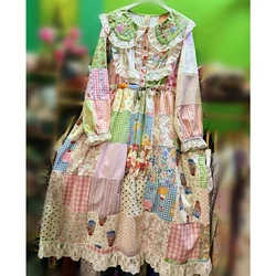 Vintage Cotton Ruffled Lace Patchwork Cottage Core Evening Midi Dress for Women 2025 Mori Girl Lolita Sweet Victorian Long Dress