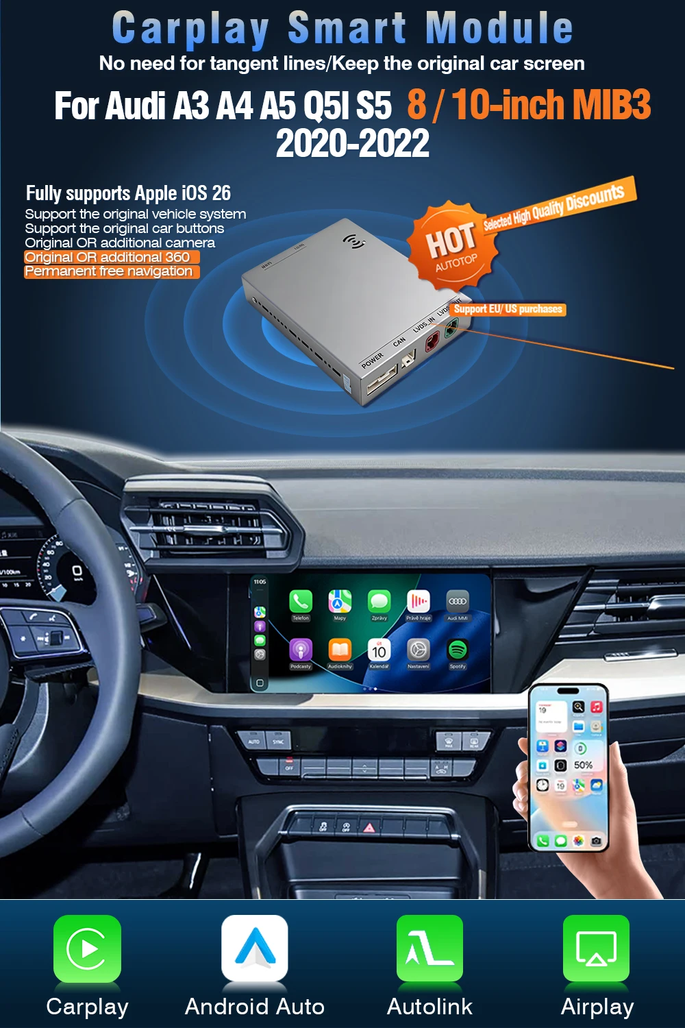 AUTOTOP Drahtlose CarPlay Android Auto für Audi A3 A4 A5 Q5L S5 MIB3 2020-22 Unterstützung Reverse Kamera Mirrorlink Airplay USB Player – Detail 2