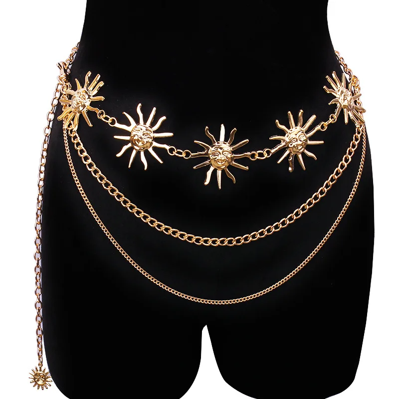 Women's Metal Sunflower Waist Chain Body Chain Adjustable Summer Dress Belt Gold and Silver Sun Charm Chain Belt