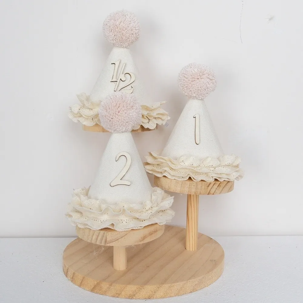 New Sweet Birthday Hat Handcrafted Pom Pom Neutral Color Princess Birthday Hat Lace Ruffle Hat Birthday Decoration