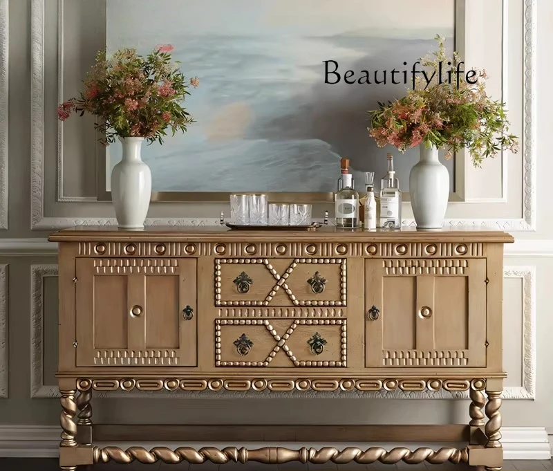 

French retro solid wood dining side cabinet modern medieval damper living room decoration light luxury door cabinet