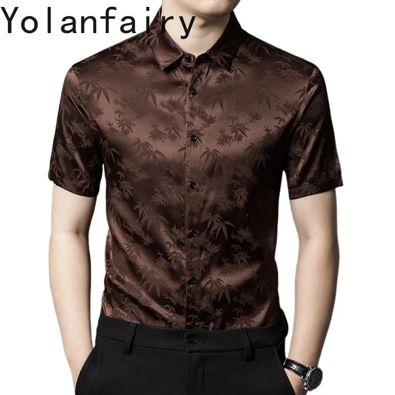 

YOLANFAIRY 92.4% Mulberry Silk Summer Shirts for Men Chemise Ete 2024 Homme Mens Shirts Short Sleeves Mens Fashion Black Top