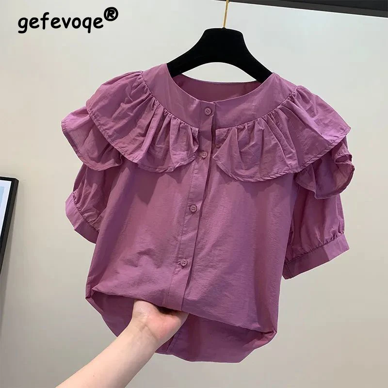 

Women's Clothing 2023 Ruffle Sweet Kawaii Button Up Shirt Summer Trendy Short Sleeve Loose Blouse Soild Chic Tops Female Blusas