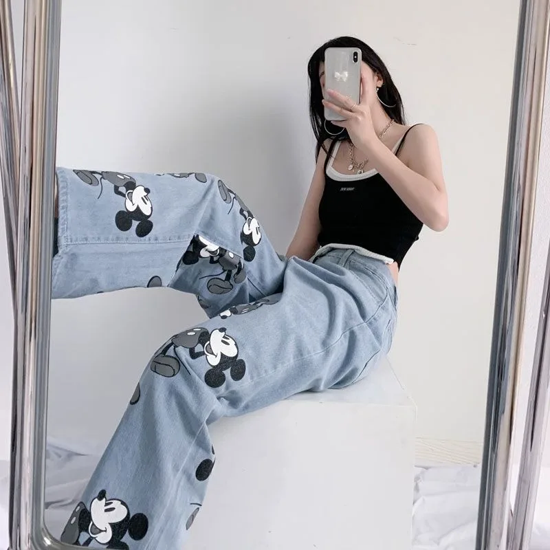

2026 Early Spring Petite Mickey Print Jeans Women Couple Loose Wide Leg Floor Length Slimming Trendy Denim Pants ropa de mujer