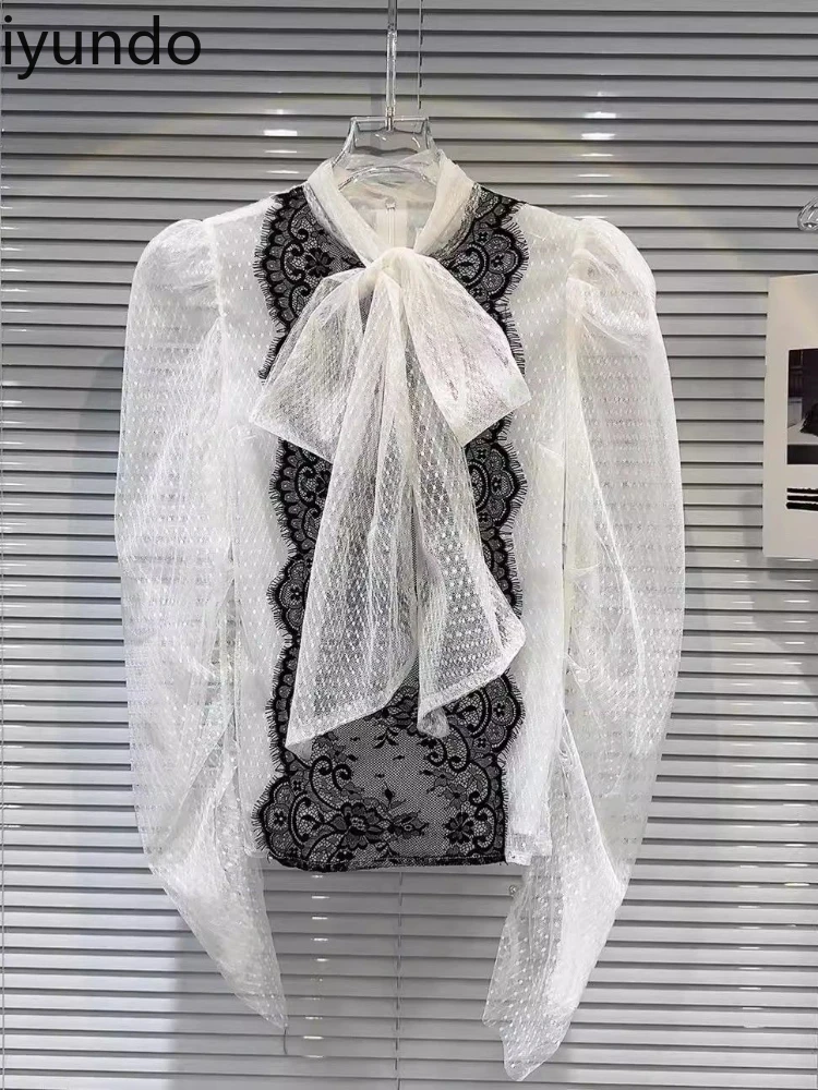 

Romantic Lace Top Shirt Contrast Color Bow Tie Autumn Elegant Lady Vintage Top Female Camisa Mujer Estampado Vintage Retro