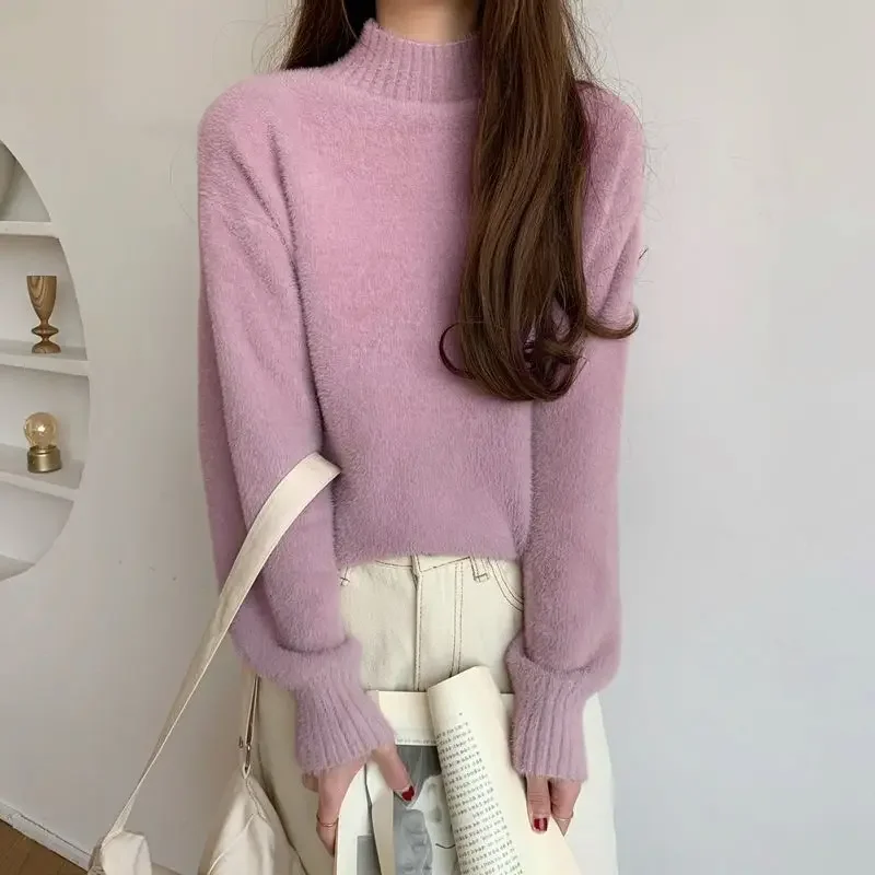 Knitted Top for Women Pullovers Gigh Neck Jerseys Ladies Sweaters Turtleneck Pink 90s Vintage Modern Y2k Fashion Korea Clothes