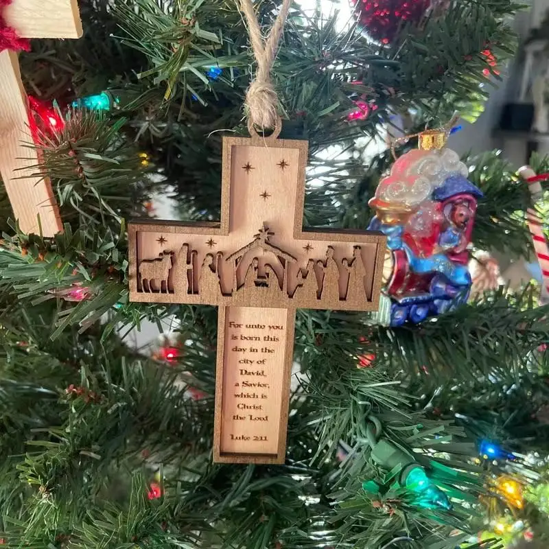 1Pc 3D Nativity Scene Wooden Cross Ornament, Handmade Christmas Tree Decoration, Home And Religious Decoration