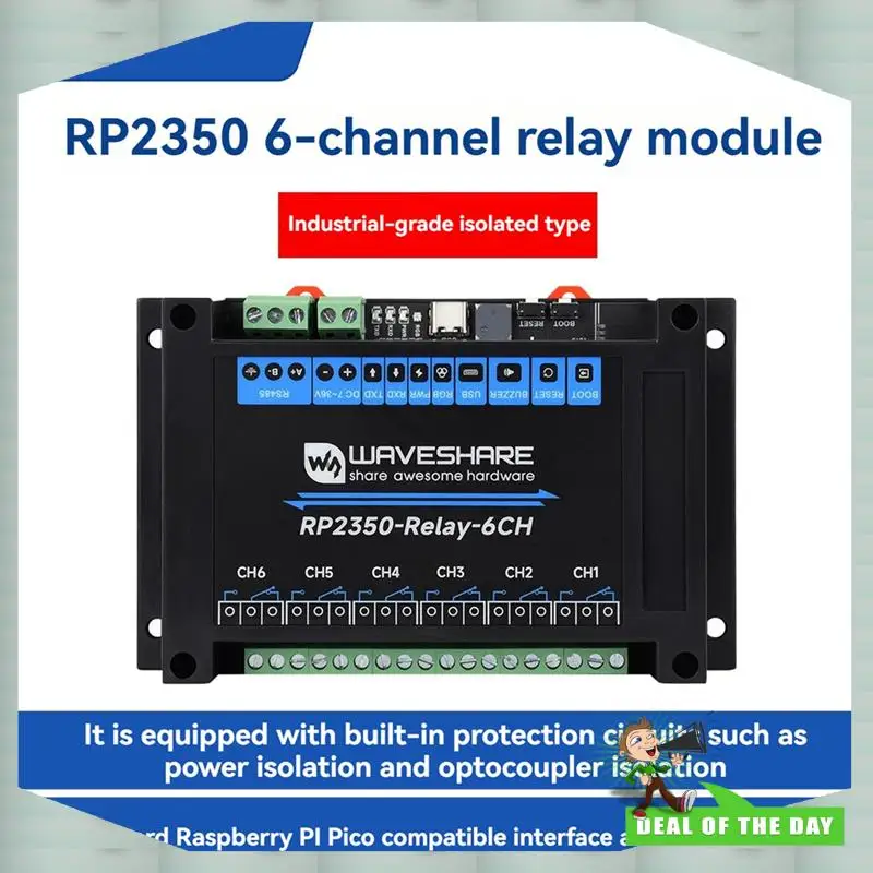 

24-часовая доставка Waveshare 6-канальный релейный модуль RP2350 Промышленный бортовой интерфейс Pico RS485 Защита изоляции