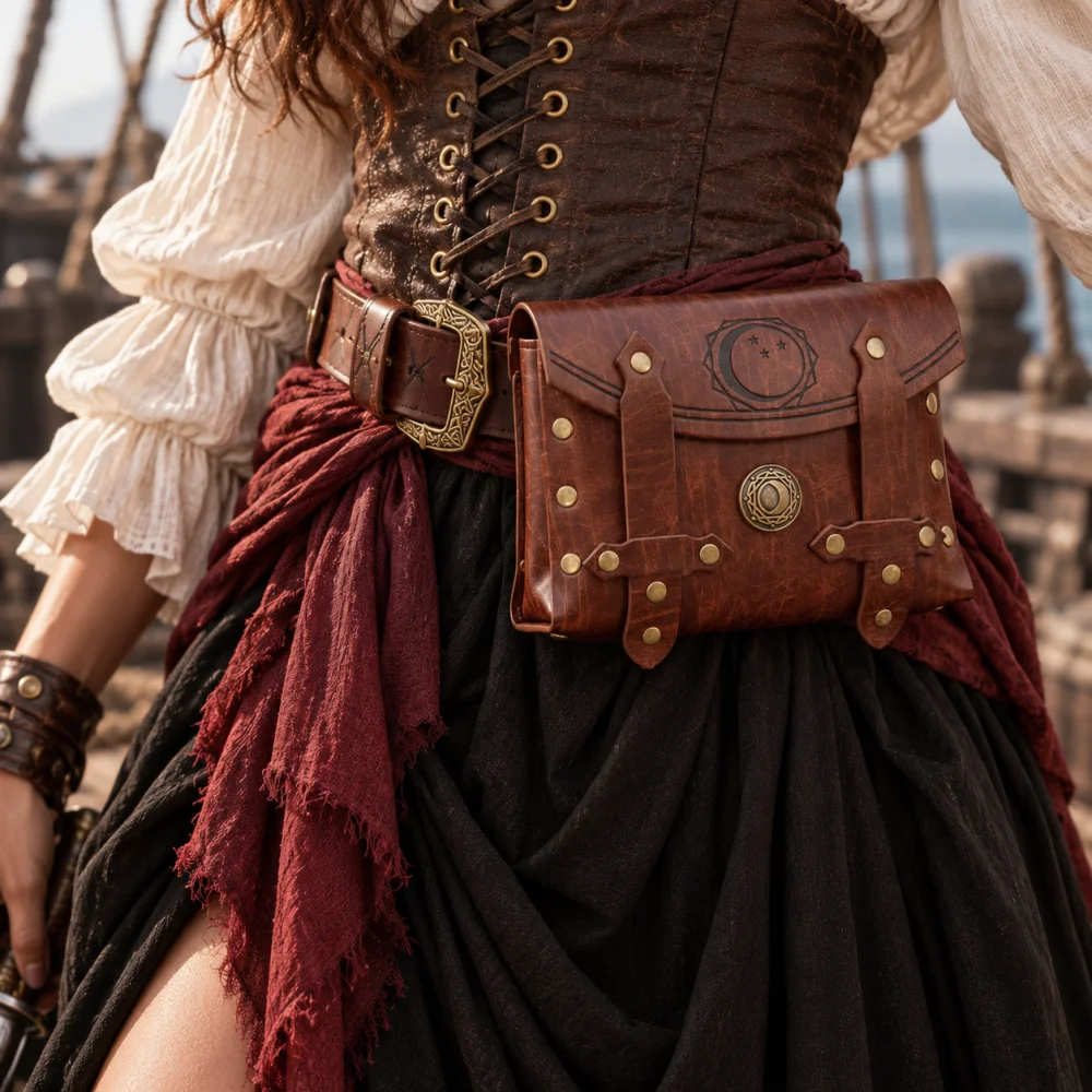 Vintage Medieval PU Leather Belt Pouch Rivet Flap Waist Bag Renaissance Pirate Viking Witch LARP Cosplay Belt Bag Halloween Cost