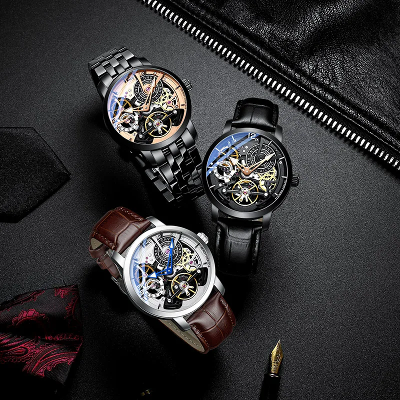 AILANG Fashion Hollow Automatic Mechanical Watch Luxury Brand Watch 2024 New Genuine Leather Strap 30M Waterproof Men Clock 6811