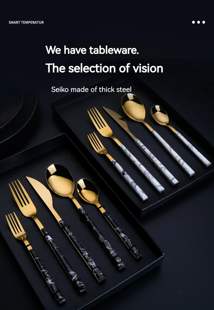 Kitchen Supplie Stainless Steel Marbled Wood Handle Knife, Fork and Spoon 5 Piece Deluxe Premium Steak and Dessert Cutlery Set