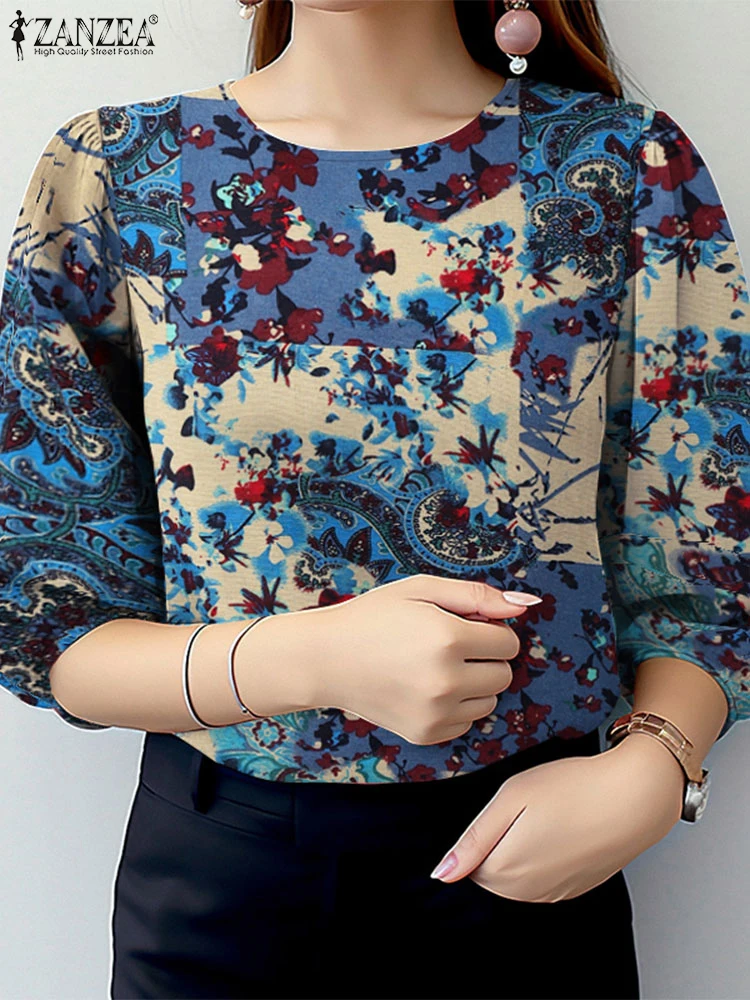 

ZANZEA Elegant Woman Blouses Day Wear Vintage Cotton Linen Paisley Print Tops 3/4 Puff Sleeve O-Neck 2025 Summer Blusas Mujer