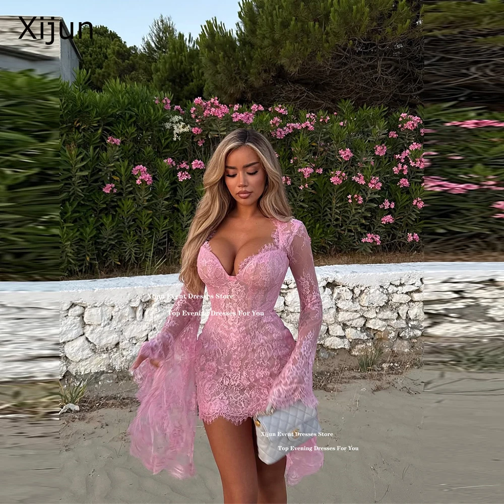 Xijun Sexy Pink Lace Short Evening Dresses Sweetheart Long Sleeves Cocktail Dresses Club Mini Birthday Party Dresses Customized