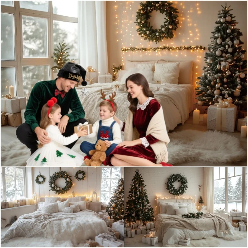 عيد الميلاد غرفة نوم المشهد التصوير خلفية شجرة عيد الميلاد نافذة إكليل الأسرة صورة التصوير خلفية الصورة استوديو الدعائم
