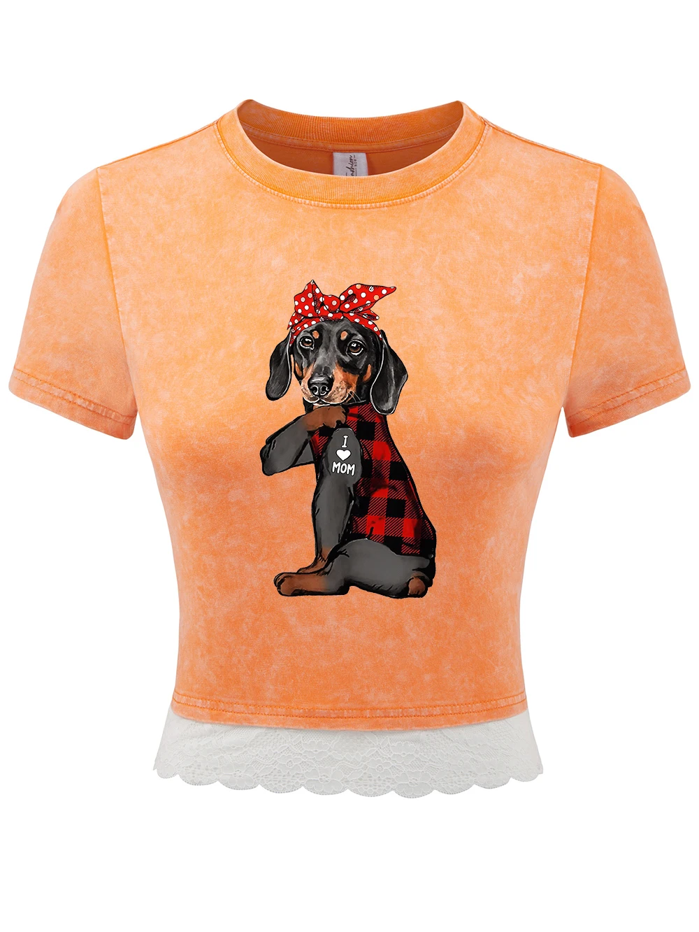 

Bow Dog I Love Mom Letter Prints Cotton Washed T-Shirt Womens Summer Y2K Lace Hem Crop Tees O-Neck Regular Fit Tops Sexy Clothes