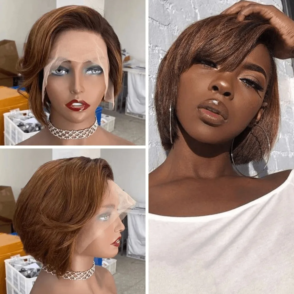 13x4 Lace Front Pixie Bob Wig Peruvian Human Hair Honey Blonde Highlight 4/27 Pre Plucked Natural Hairline for Black Women Daily