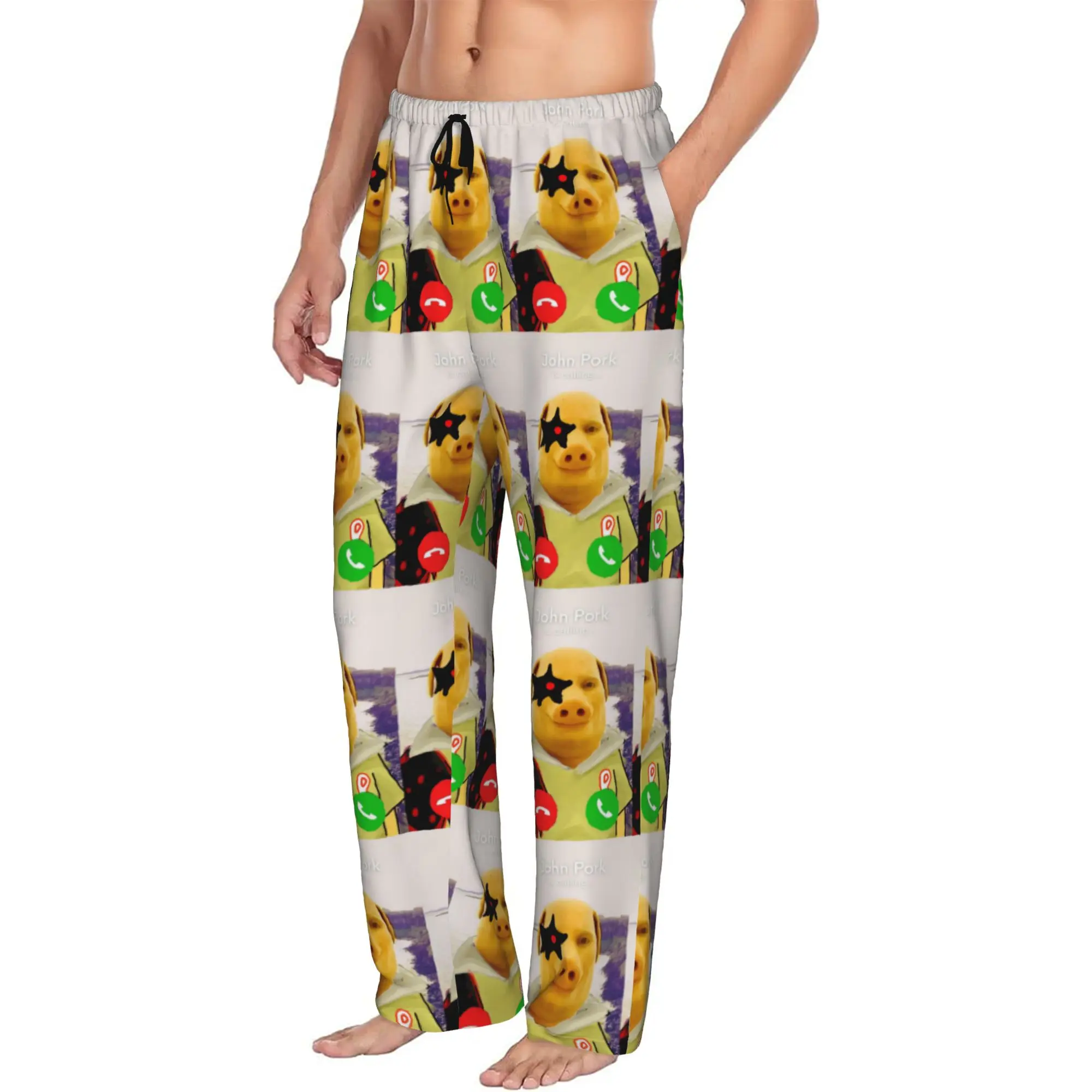Custom Print John pork is calling Pajama Pants for Men Funny Pig Sleep Sleepwear Bottoms with Pockets