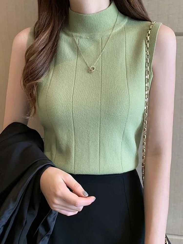 2024 Knitted Summer Turtleneck Tank Tops Women Camisole Sleeveless Slim Top Female Ribbed Vest Casual Solid Camis