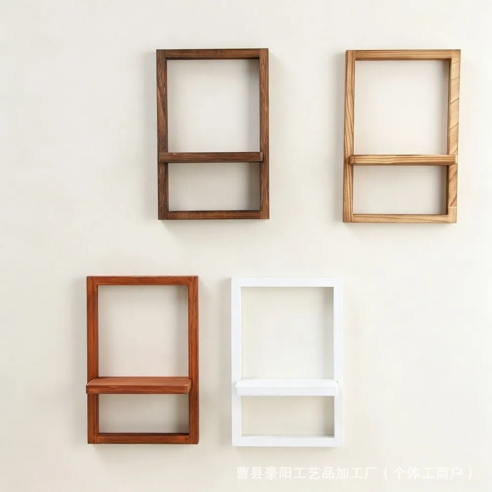 Rustic Floating Style Wooden Wall Shelf Square Decorative Plant Display Rack Wall Mounted Shelf Flower Vases