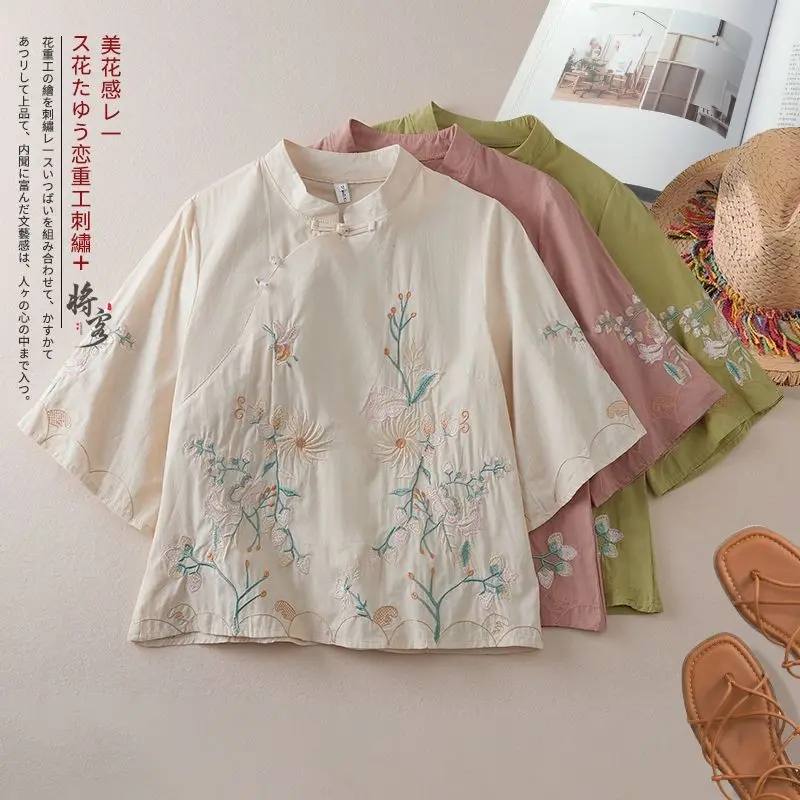 Chinese Style Viral Linen Blouse, Vintage Embroidered Frog Button Cotton Shirt Chinese Green Pink Beige | Literary Summer Top