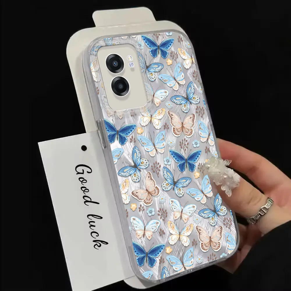 Imd Case Voor Oppo A77 A76 A74 A72 A60 A59 A58 A57 A54 A53 A52 A52 A38 A35 A33 A31 A32 Blauwe Vlinderpatroon Veren Garen Zachte Cover