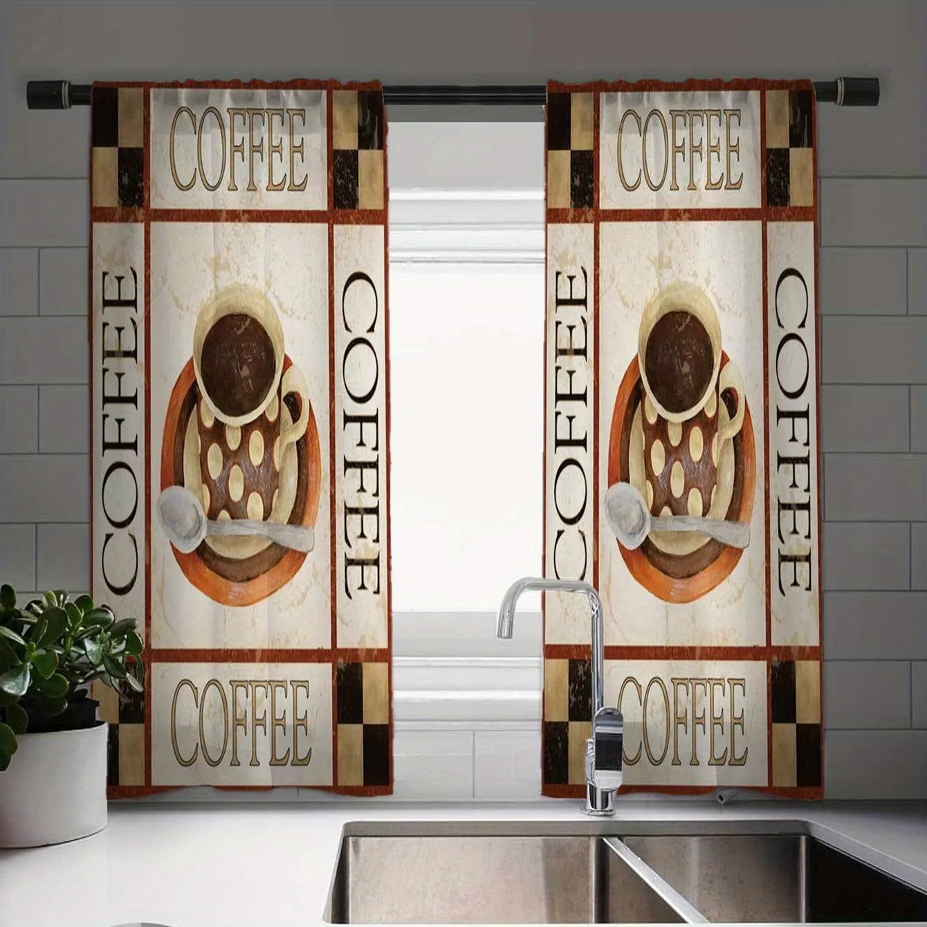 

Elegant Polyester Woven Curtain Set with Rod Pocket Glam Style Semi-sheer Coffee Print Machine Washable for Kitchen Living Room