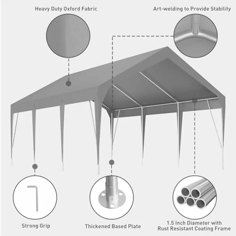 Tettuccio per carport resistente da 10 x 20 piedi con telaio robusto, riparo per garage portatile impermeabile e resistente ai raggi UV, altezza regolabile