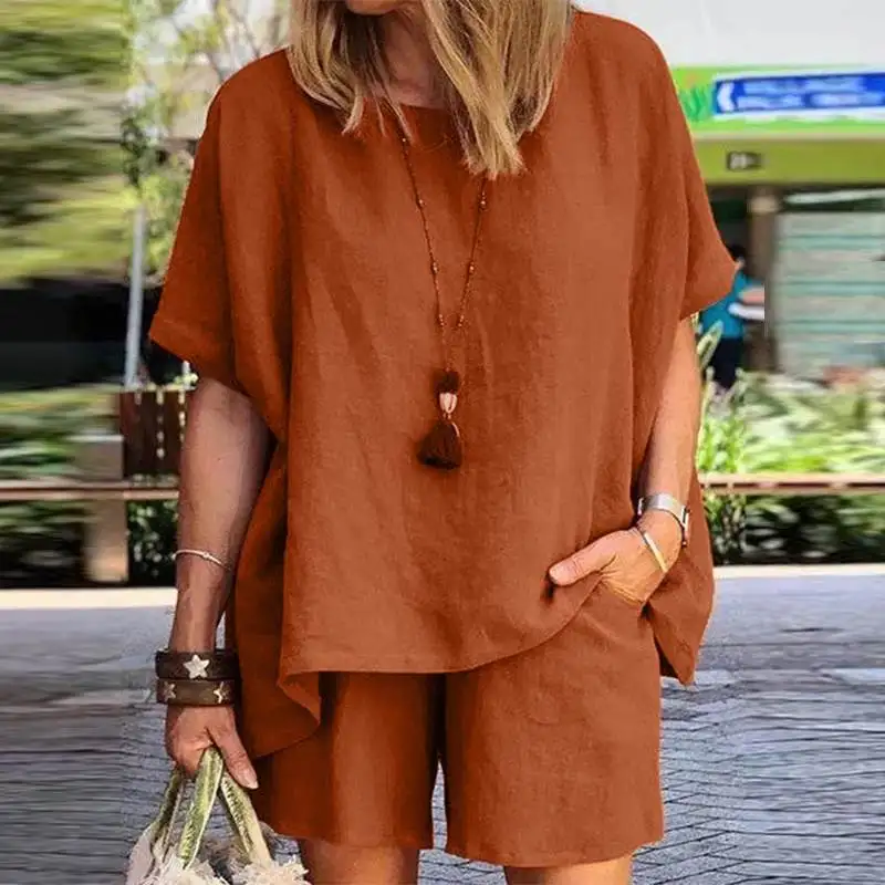 2023 Spring/Summer New Women Set Fashionable and Elegant Solid Color Loose Spliced Round Neck Short Sleeve Shorts Two Piece Set