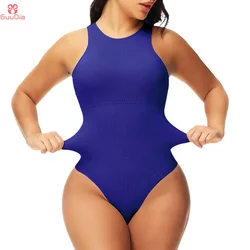 GUUDIA Elegant Neck Padded Bra Cup Bodysuits Open Crotch Ribbed Fabric Shapewear Tummy Control Body Shaper Thong String