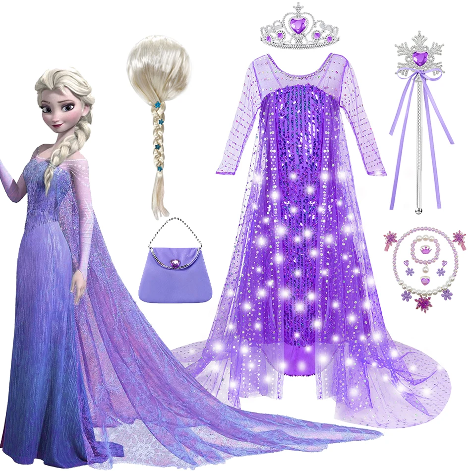 Halloween Frozen Elsa Purple Dress Girls Floor Length Sequin Princess Costume Children Carnival Long Sleeve Luxury Tulle Frocks