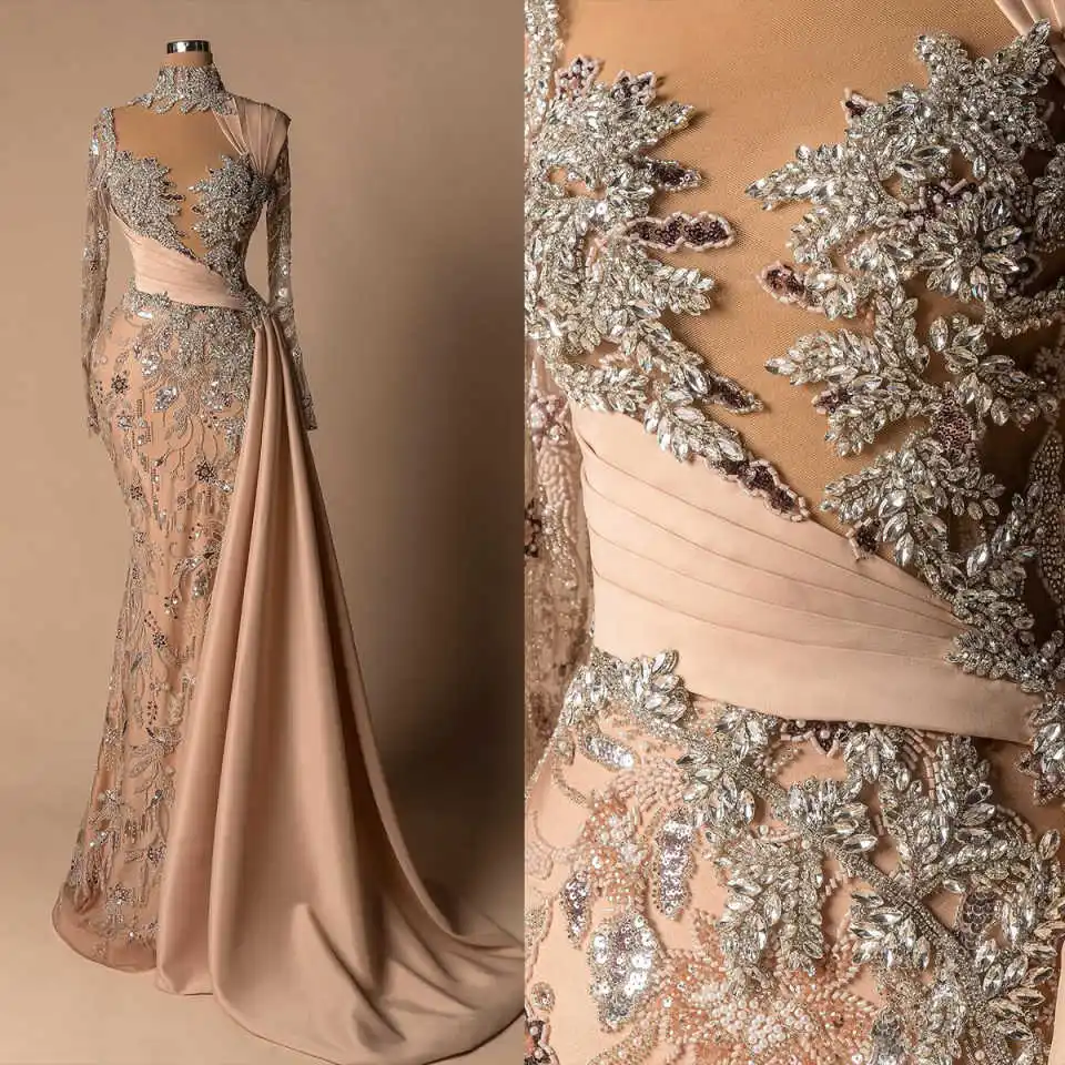 

Gorgeous Crystals Evening Dresses Mermaid High Collar Pearls Long Sleeves Prom Dresses Sweep Train فساتين سهرة