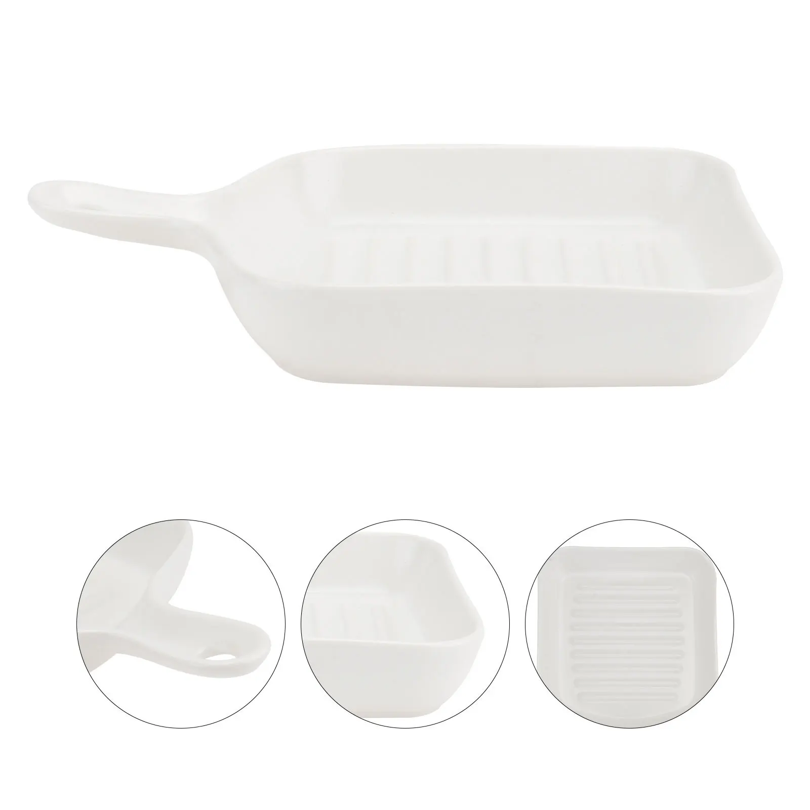 

Single Handle Square Grill Plate Porcelain Microwave Safe Nonstick Reusable Dish Drying Tray White Lightweight Heat Resistant